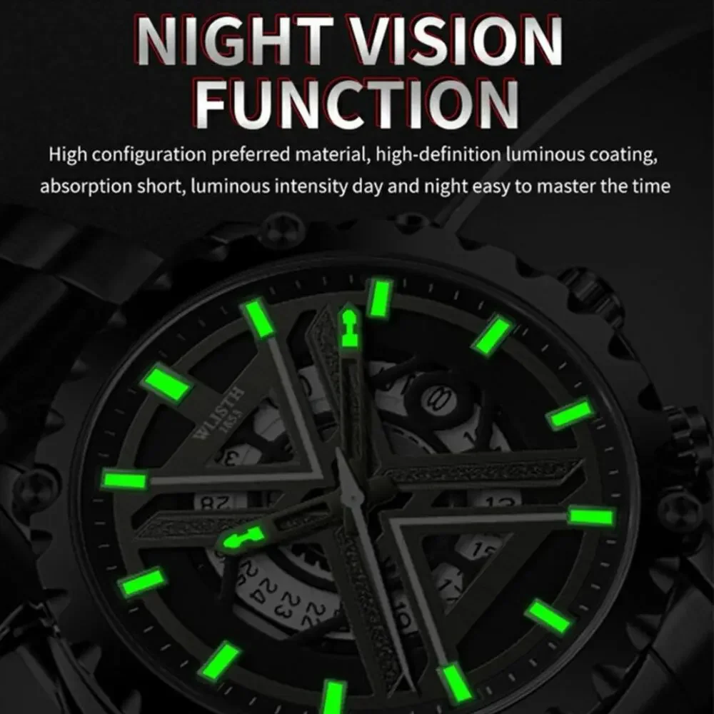 WLISTH 6191 MEN'S BLACK LUMINOUS QUARTZ WATCH – HOLLOW DIAL – STEEL BAND